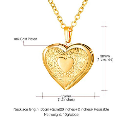 U7 Women Locket Necklace, Heart Photo Lockets Hold Picture, Gift Box Packed - color: gold