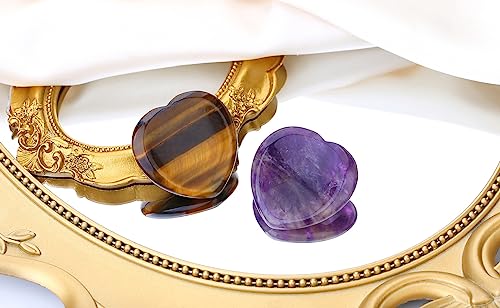 QINJIEJIE 2PCS Worry Stones for Anxiety Amethyst Tiger Eye Crystals Thumb Heart Shaped Quartz Crystal Palm Polished Gemstone Pocket Massage Natural Gem Reiki Meditation Stress Relief Gift for Women - color: C-amethyst+tiger Eye