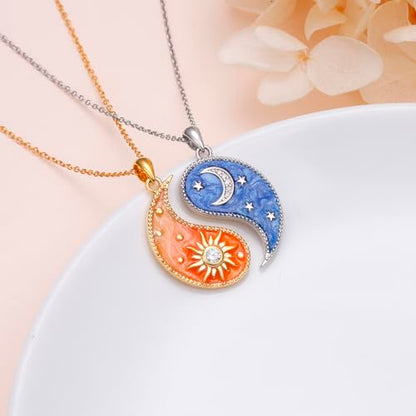 FLYOW S925 Sterling Silver Best Friend Couple Pendant Friendship Sun Moon Lotus Yin Yang Matching Bff Necklace for Women Jewelry - style: Sun Moon Yin Yang