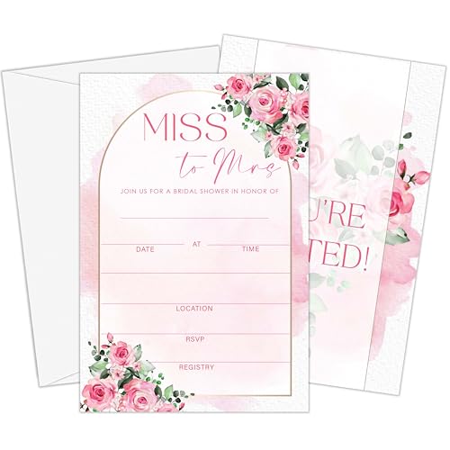 Pink Roses Bridal Shower Invitations | Pink Floral Arched Spring Bridal Shower Invites, 25 Miss to Mrs Invitations with Envelopes, Wedding Party Supplies-A12 - style: rose floral arch