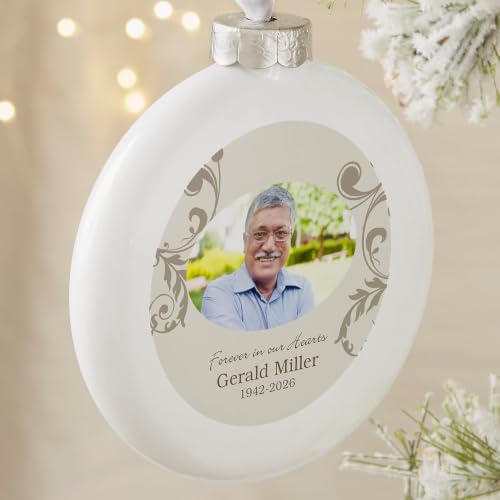 Personalization Universe Personalized Photo Memorial Ornament, in Loving Memory, Christmas Tree Ornaments, Customized with Name and Dates, Porcelain Keepsake, Antique Silver Cap, 4" Diameter 3D - style: 3D Disc