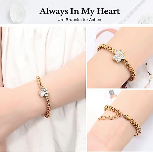 zeqingjw Urn Bracelet for Pets Ashes Pet Cremation Jewelry Stainless Steel Paw Print Pet Memorial Bracelet Pet/Dog's/Cat's Ashes Keepsake for Women Men - color: Gold