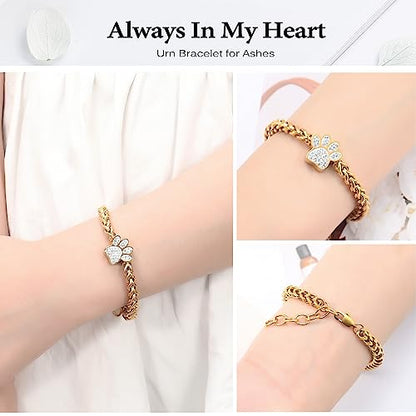 zeqingjw Urn Bracelet for Pets Ashes Pet Cremation Jewelry Stainless Steel Paw Print Pet Memorial Bracelet Pet/Dog's/Cat's Ashes Keepsake for Women Men - color: Gold