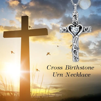 TOUPOP Cross Urn Necklaces for Ashes Birthstone Cremation Jewelry 925 Sterling Silver Cross Memorial Keepsake Jewelry for Women (with Funnel Filler) - color: 04-April-Synthetic Diamond