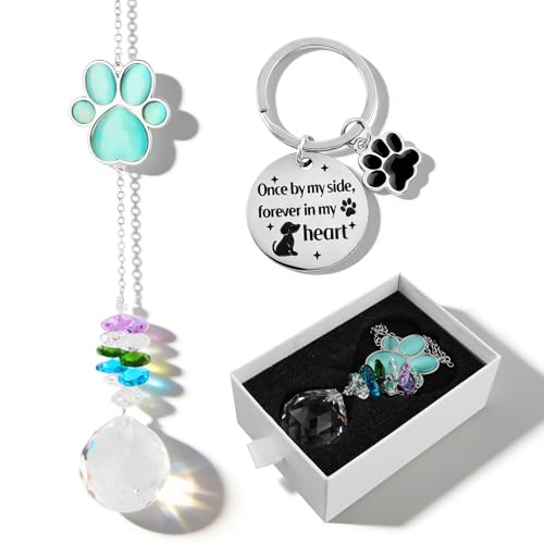 Pet Memorial Suncatcher, Dog Memorial Gifts for Loss of Dog, Sympathy Keepsake for Pet Loss with Stainless Steel Keychain, Cat's Eye Paw Crystal Hanging Ornament