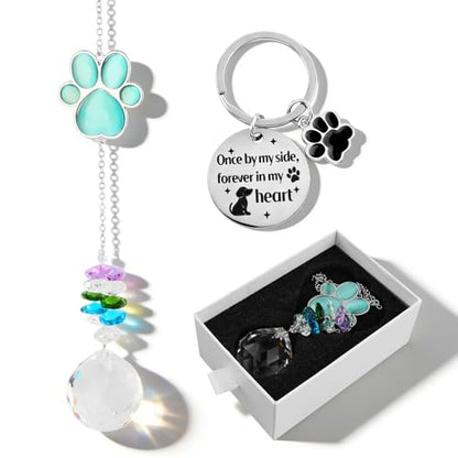 Pet Memorial Suncatcher, Dog Memorial Gifts for Loss of Dog, Sympathy Keepsake for Pet Loss with Stainless Steel Keychain, Cat's Eye Paw Crystal Hanging Ornament
