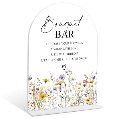Wedding Signs for Ceremony and Reception, Boho Floral Acrylic Bouquet Bar Sign, Wedding Signage with Stand, Bridal Shower Table Centerpieces, Bouquet Bar Supplies for Engagement Reception Event, 24 - color: Bouquet Bar Sign, 24