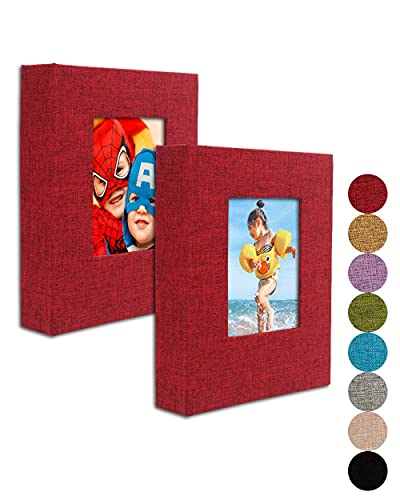 GPIRAL Small Photo Album 4x6 – Clear Pages, Linen Cover with Front Window, Pack of 2, Each Album Holds 52 Photos, Small Brag Book for 4x6 Pictures, Red Fabric - color: Red, size: 4x6"-2 PACK