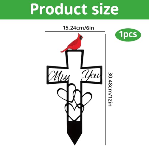 Miss You Cross with Cardinal, Metal Cemetery Memorial Plaque for Remembrance, Decorative Cemetery Stake with Heart and Cross Design, 6x12 Inch Outdoor Memorial Plaque for Graves and Gardens