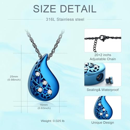 Tree of Life Teardrop Urn Necklace for Ashes Teardrop Crystal Cremation Jewelry Celtic knot Ashes Pendant Stainless Steel Keepsake Memorial Jewelry for Women Men - color: Blue