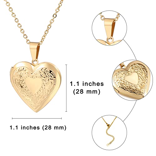 Personalized Heart Locket Necklace for Women with Picture Custom Inside Engraved Text Silver/Gold/Rose Gold Photo Locket Stainless Steel Memorial Gifts for Mom Daughter Grandmother - color: A2: Gold Flower Pattern (Custom)