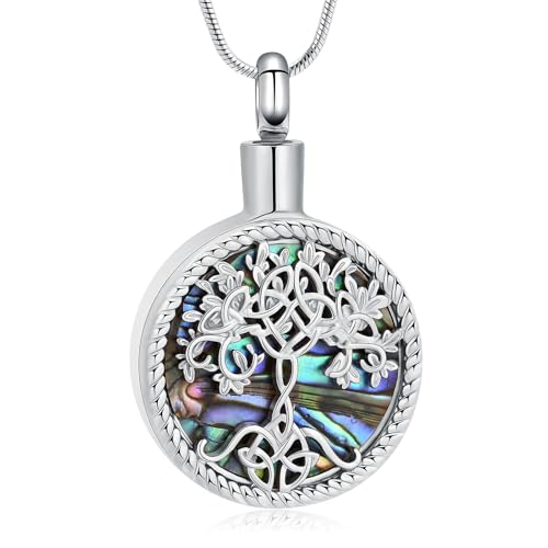 Hearbeingt Tree of Life Urn Necklaces for Ashes Circle Cremation Jewelry - color: B-Silver