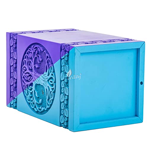 Wooden Urn for Human Ashes, 640 Cu in, XX-Large, Blue & Purple | Hand-carved wood, blue and purple, screw-locked sliding base, engraving available, holds two adults, to 640 lb combined - color: Blue & Purple, size: XL - 14Hx7.5W (640 Cu/In)