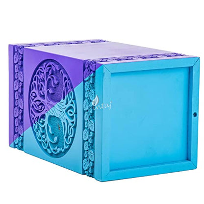 Wooden Urn for Human Ashes, 640 Cu in, XX-Large, Blue & Purple | Hand-carved wood, blue and purple, screw-locked sliding base, engraving available, holds two adults, to 640 lb combined - color: Blue & Purple, size: XL - 14Hx7.5W (640 Cu/In)