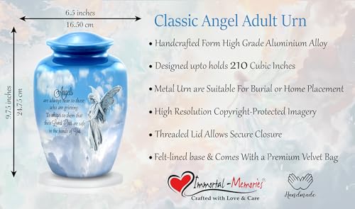 Guardian Angel Cremation Urn – Elegant Blue Adult Urn for Human Ashes – Heavenly Angel Funeral Urn for Men and Women – Large Memorial Urn Holds Up to 210 lbs with Velvet Bag (Large)
