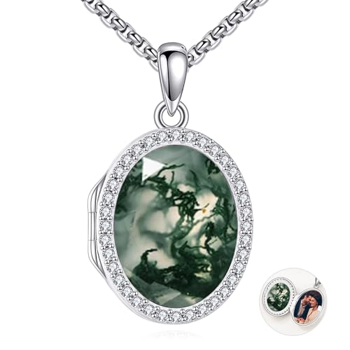 ONEFINITY Locket Necklace Photo Necklace Memorial Jewelry Gifts for Women Mom Wife - color: Moss Agate