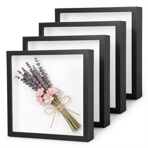 4 Pack Shadow Box Frames, 8 x 8 Inches Square Artificial Board Shadow Boxes Display Case, Black 3D Picture Frames for Photos, Dried Flowers, Wall Mounted Handicraft Photo Frame - color: Black, size: 8X8