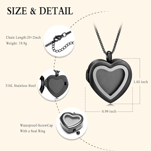 zeqingjw Glass Cremation Jewelry - Round Heart Memorial Urn Necklace for Ashes of Loved One - Stainless Steel Human Pet Dog Cat Keepsake Urn Pendant - color: A-Black