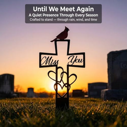 Metal Cardinal Memorial Grave Marker Cross - Miss You Red Bird Sympathy Gift for Cemetery - Weatherproof Garden Remembrance Stake for Loss of Loved One, Bereavement Tribute Decor