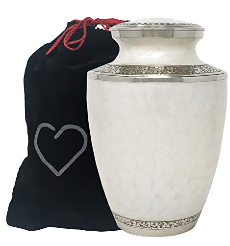 White Mother of Pearl Cremation Urn - White with Silver Accents, Adult Cremation Urn