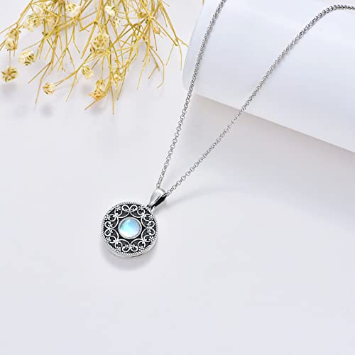 Round Locket Necklace 925 Sterling Silver Filigree/Flower Locket Necklace That Holds Pictures Birthday Christmas Jewelry Gifts for Women - color: 01-Moonstone Locket