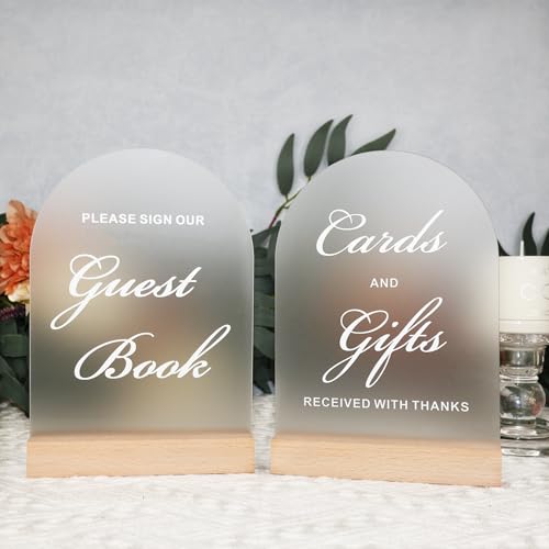 2-Piece Acrylic Wedding Signs for Reception with Wood Stands, 5 x 7 | Wedding signage includes 2 wedding table signs: Guest Book and Cards and Gifts, each with a beech wood stand. - size: Set of 2 - Guest Book & Cards and Gifts Signs