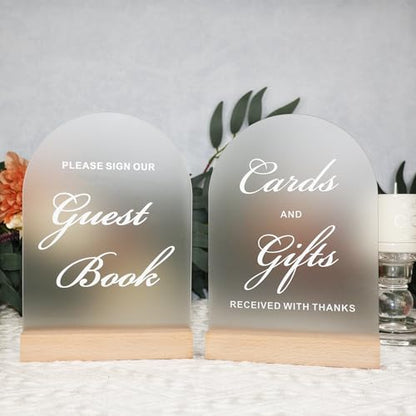 2-Piece Acrylic Wedding Signs for Reception with Wood Stands, 5 x 7 | Wedding signage includes 2 wedding table signs: Guest Book and Cards and Gifts, each with a beech wood stand. - size: Set of 2 - Guest Book & Cards and Gifts Signs