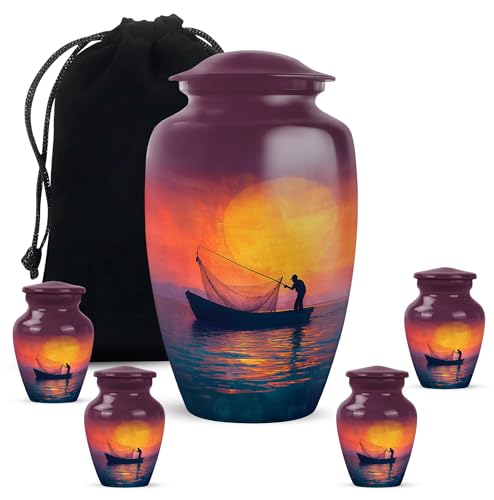 Fishing Adult Cremation Funeral Urn for Human Ashes, Keepsake Memorial Gift, Beautiful Handcrafted Small Urns for Ash Container, Combo, Purple (10 Inch & 3 Inch Mini Set of 3) - color: Fishing Urn -3, size: 10"+3"Combo-3