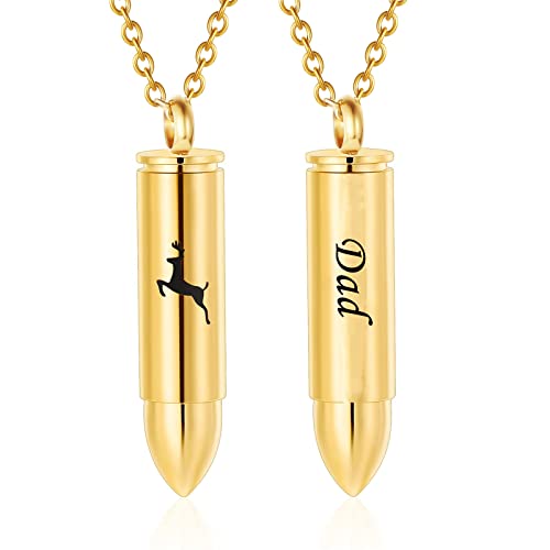 SIYUU Bullet Cremation Jewelry for Ashes Vial Deer Engraved Urn Necklace Stainless Steel Ash Container Keepsake Pendant Memorial Jewelry for Men Women - color: Gold-Dad
