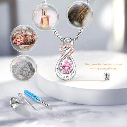 Infinity Urn Necklace for Ashes Sterling Silver Heart Moonstone Turquoise Birthstone Keepsake Memorial Cremation Jewelry for Women - style: Infinity A-10-Oct.-Tourmaline