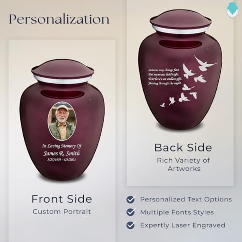 Geturns Embrace Adult Personalized Doves Cremation Urns for Human Ashes I Large Picture Cherry Purple Funeral Urn for Adult Men and Women with Double Side Engraving I 200 lbs - color: _Cherry Purple (Double Sided)