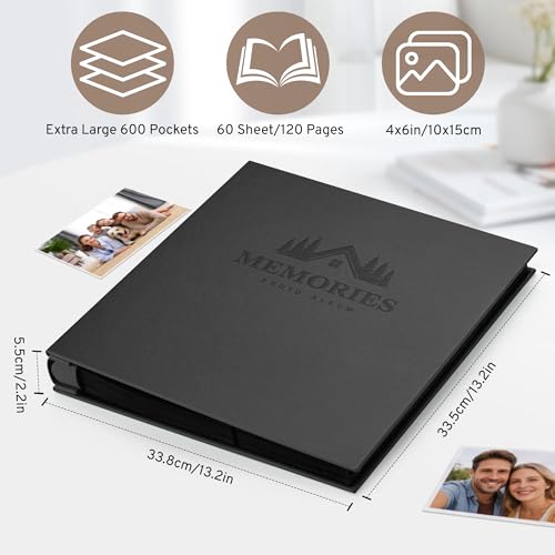 DazSpirit 4x6 Photo Album, 600 Pockets, Leather Cover, Slip-In Pages | Embossed Leather Cover, Extra-Large Memory Book for Wedding, Baby, Anniversary and Family Photos, Black - color: Black