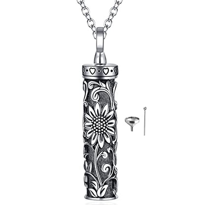 Sterling Silver Flower Tree Life Cremation Urn Necklace for Women - color: Cylin *Sunfl. 1