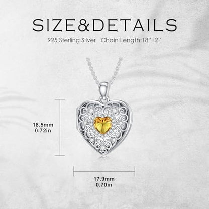 Heart Locket Necklace 925 Sterling Silver Personalized Picture Locket Pendant Birthday Christmas Jewelry Memorial Gifts for Women - color: November Crystal Locket