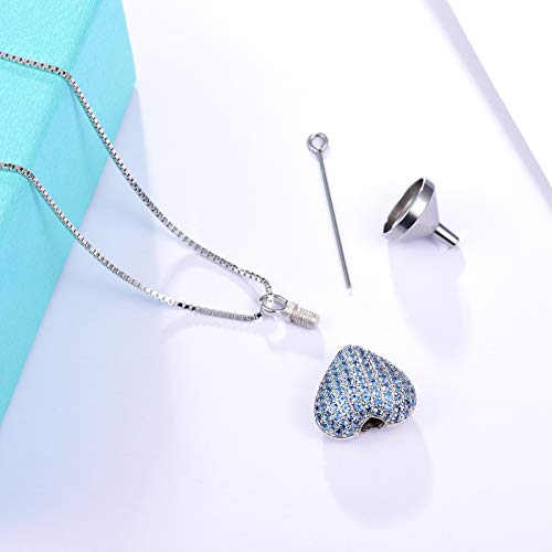925 Sterling Silver Cremation Necklace CZ Heart Urn Pendant Jewelry for Pet Human Ashes Keepsake Memorial Jewelry Gift for Women - color: Blue