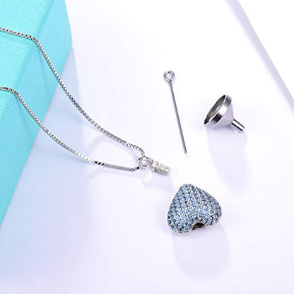 925 Sterling Silver Cremation Necklace CZ Heart Urn Pendant Jewelry for Pet Human Ashes Keepsake Memorial Jewelry Gift for Women - color: Blue