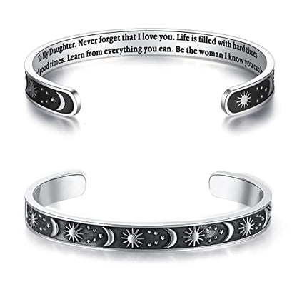 TONY & SANDY Inspirational Bracelets for Women Teen Girls Personalized Gifts for Daughter Granddaughter Mom Sister Friends Stainless Steel Engraved Cuff Birthday Easter Christmas - style: A - Daughter Gifts - Sun & Moon - Never forget that I love you...