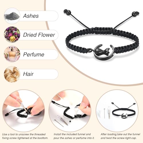 Oinsi Cat Urn Bracelet Cremation Jewelry for Pets Ashes Keepsake Handmade Braided Rope Adjustable Bangle Stainless Steel Urn Bangle Memorial Jewelry - color: A-Black