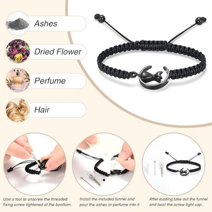 Oinsi Cat Urn Bracelet Cremation Jewelry for Pets Ashes Keepsake Handmade Braided Rope Adjustable Bangle Stainless Steel Urn Bangle Memorial Jewelry - color: A-Black