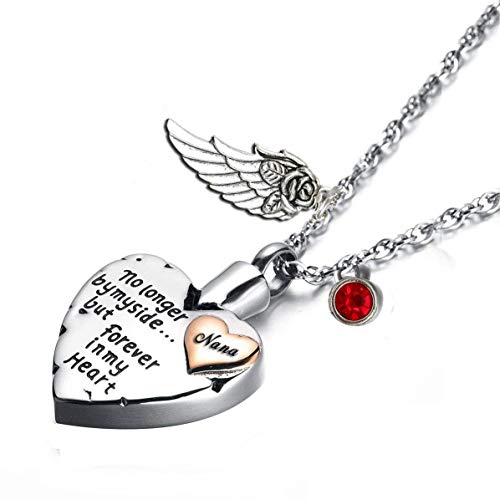 PREKIAR Heart Cremation Urn Necklace for Ashes Angel Wing Jewelry Memorial Pendant and 12 PCS Birthstones No Longer by My Side But Forever in My Heart - color: Nana