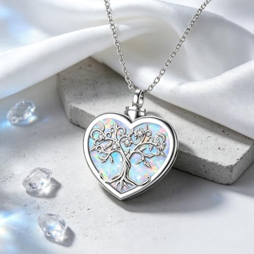Diamond Tree of Life Urn Necklace for Ashes 925 Sterling Silver Family Tree of Life Cremation with Funnel Filler Ash Holder Keepsake Memorial Jewelry Gifts for Women,18+2 inch - style: Style 4-Opal
