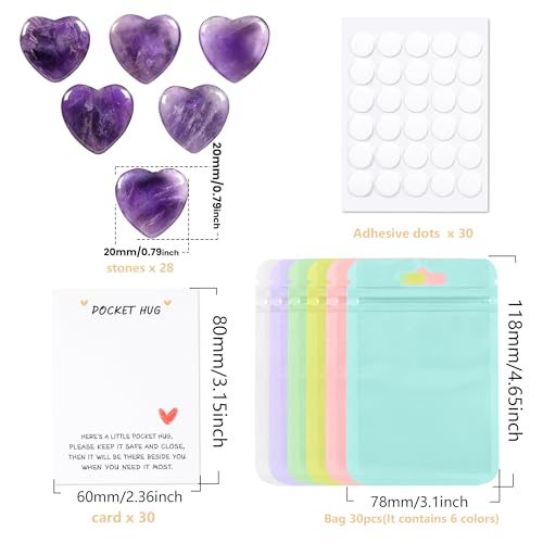 28 Sets Bulk Pocket Hug Amethyst Heart Worry Stone Keepsake Exchange Relationship Cards for Colleagues Family Distance Social Celebration of Life Gift - color: Amethyst