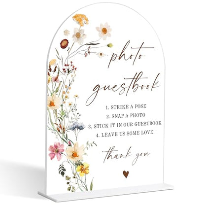 Photo Guest Book Sign, Wedding Guest Book Alternative, Flower Style Bridal Shower Signs for Engagement, Bridal Shower and Reception, Wedding Shower Favors, 6X8 Inch Acrylic Arch Sign with Stand,12 - color: Photo Guest,12