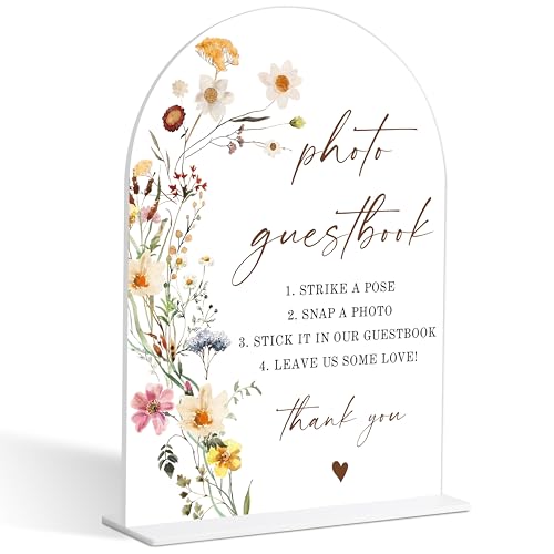 Photo Guest Book Sign, Wedding Guest Book Alternative, Flower Style Bridal Shower Signs for Engagement, Bridal Shower and Reception, Wedding Shower Favors, 6X8 Inch Acrylic Arch Sign with Stand,12 - color: Photo Guest,12