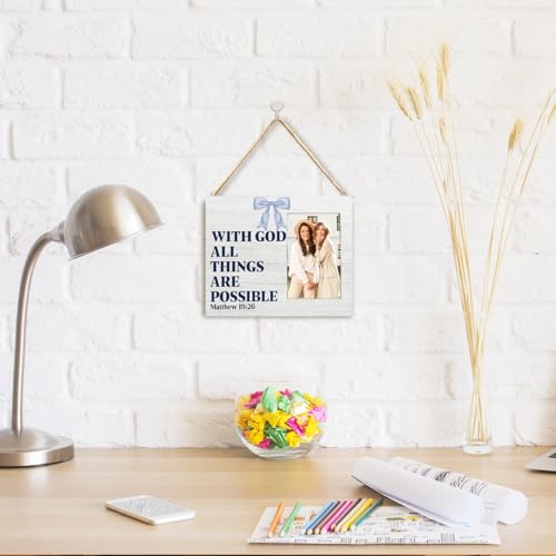 Coquette Blue Bow Christian Picture Frame 4x6, with God All Things Are Possible Inspirational Christian Gifts for Woman, Inspirational Wall and Tabletop Display Picture Photo Frames for Girls Bedroom - color: Coquette Blue Bow