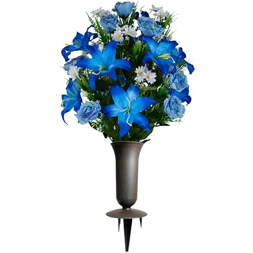 Sympathy Silks Artificial Cemetery Flowers - Gravesite Flowers - Blue Lily and Rose with White Daisies (1) Cemetery Vase Included - color: Blue, size: Bouquet with Vase