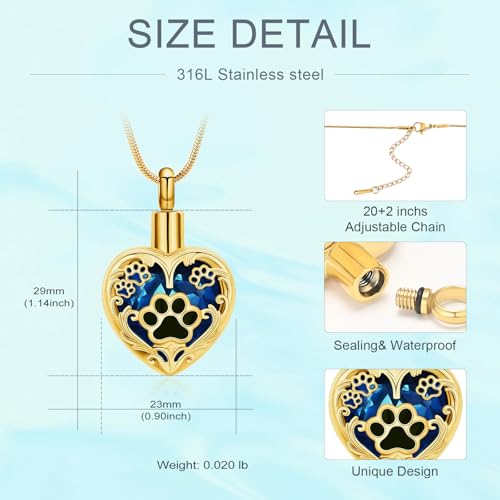 Heart Urn Necklace For Ashes Birthstone Pet Memorial Jewelry Dog Paw Print Cremation Pendant Stainless Steel Keepsake Gift For Pet Lovers - color: Gold blue