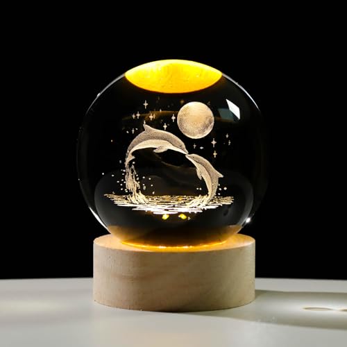Arikyrist 3D Dolphin Crystal Ball Night Light, Glass Dolphin Lamp with Wooden Base, Laser Engraved Glass Sphere Home Decor - color: 3D Moon Dolphin