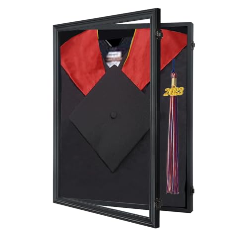 Small Shadow Box for Graduation Cap and Gown, Wall Display Stand | Matte black wood frame, dustproof acrylic panel, lockable wall mount case, displays graduation gown,as commemorative gift - size: Small - Black