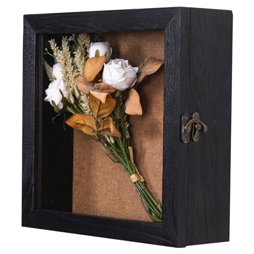 12 x 12 Extra Deep Shadow Box, 4-Inch Exterior Depth, Solid Wood, Black | Solid wood, hinged door, metal latch, extra-deep display for photos, bouquets, pet keepsakes, baby items and wedding mementos - size: 12x12